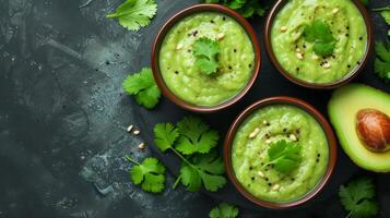 AI generated Clean and crisp image capturing the beauty of avocado gazpacho garnished with cilantro photo