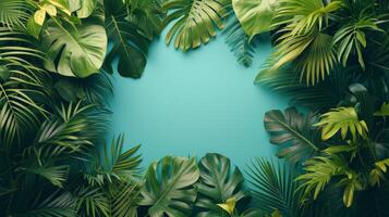 AI generated Clean and sophisticated backdrop adorned with verdant tropical leaves, symbolizing vitality and freshness photo