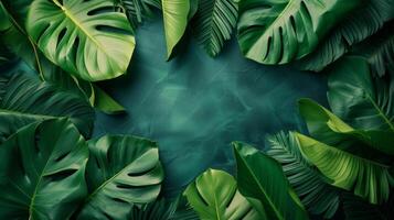 AI generated Clean and sophisticated backdrop adorned with verdant tropical leaves, symbolizing vitality and freshness photo