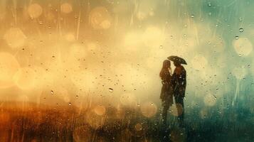 AI generated Artistic depiction of romance as a couple shares a romantic moment in the midst of rainfall photo