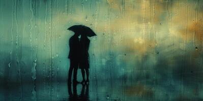 AI generated Artistic depiction of romance as a couple shares a romantic moment in the midst of rainfall photo