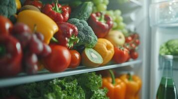 AI generated Clean and crisp photo highlighting the healthful array of fruits and vegetables in the refrigerator