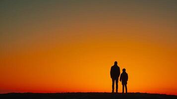 ai generado minimalista imagen presentando un padre y niño silueta en contra un puesta de sol fondo foto