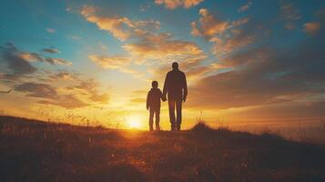 ai generado minimalista imagen presentando un padre y niño silueta en contra un puesta de sol fondo foto