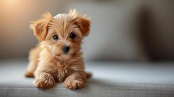 AI generated Delightful image of a tiny fluffy dog, exuding charm and irresistible appeal. large copyspace area photo