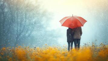 AI generated Minimalist portrayal of love and happiness as a couple enjoys the tranquility of the rain together photo