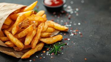 AI generated Clean and minimalist composition focusing on the mouthwatering appeal of potato fries photo