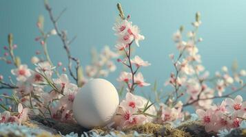ai generado minimalista composición exhibiendo floreciente flores y Pascua de Resurrección huevos en un tranquilo ajuste foto