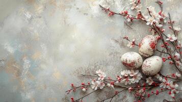 AI generated Minimalistic photo capturing the beauty of spring with decorated eggs and blossoms for Easter cards