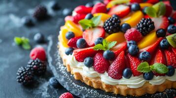 ai generado limpiar composición destacando un decadente postre adornado con vistoso Fruta coberturas foto