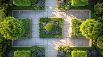 AI generated Simple yet striking image featuring the balanced arrangement of plants and structures in a designer garden photo