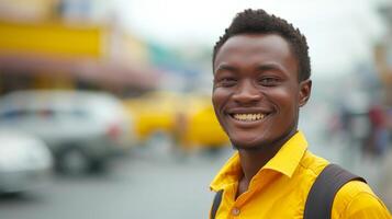 AI generated Minimalist image capturing the serene smile of a young taxi driver against an abstract backdrop photo