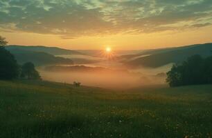 AI generated the sun rises over green hills with a fog covering the horizon photo