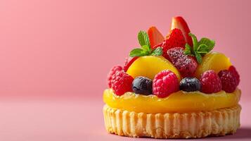 AI generated Elegant composition featuring a pastry topped with exotic fruits against a minimalist backdrop photo