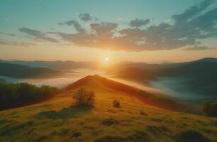 AI generated the sun rises over green hills with a fog covering the horizon photo