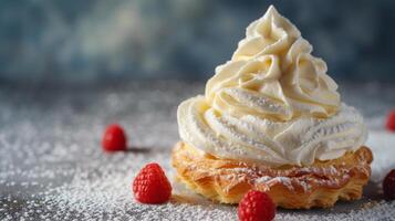 AI generated Clean composition showcasing the elegance of a pastry adorned with airy whipped cream photo