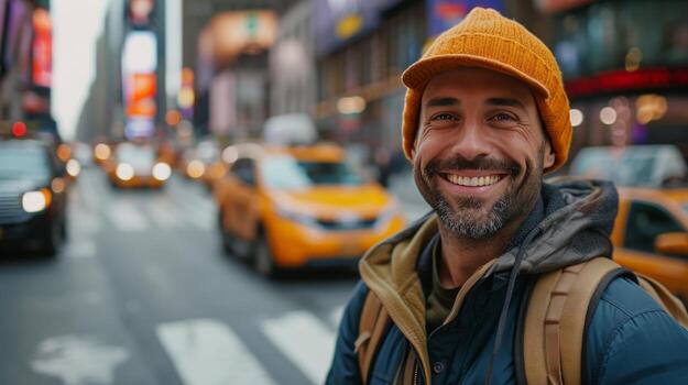 AI generated Clean composition with a beaming taxi driver, serving as a reliable and welcoming presence in the cityscape photo