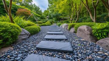 ai generado limpiar composición capturar el tranquilo belleza de un minimalista jardín diseño con Roca caminos foto