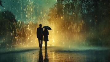 AI generated Elegant image showcasing a couple's enduring love amidst the serene beauty of rainfall. photo