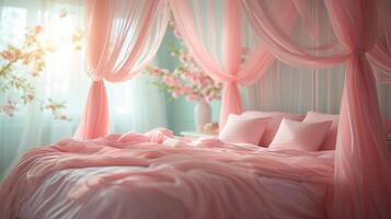 AI generated A canopy bed draped with blush pink curtains, inviting cozy bedtime stories and peaceful slumber photo