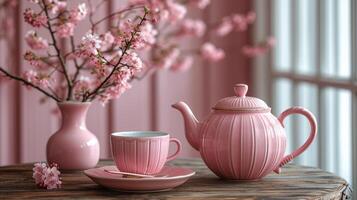 AI generated A charming pink tea set arranged on a small table, ready for imaginary tea parties with friends photo