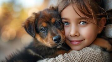 ai generado un niño y un cachorro, compartiendo un momento de incondicional amor y compañerismo foto