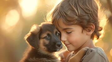 ai generado un niño y un cachorro, compartiendo un momento de incondicional amor y compañerismo foto