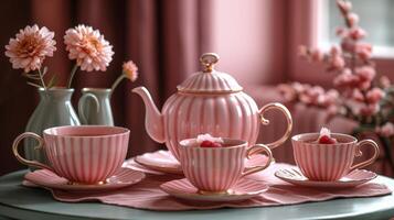 AI generated A charming pink tea set arranged on a small table, ready for imaginary tea parties with friends photo