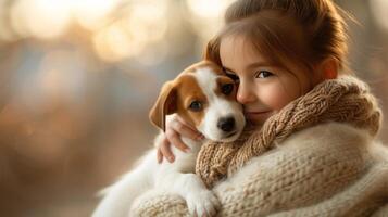 AI generated A child and a puppy, sharing a moment of unconditional love and companionship photo