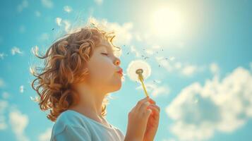 ai generado un niño soplo diente de león semillas dentro el viento, haciendo deseos para el futuro foto