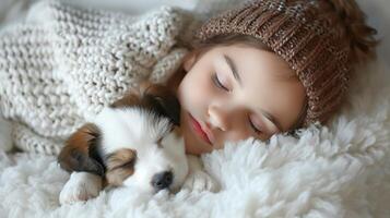 AI generated A child and a puppy sleeping side by side, embodying innocence and companionship photo