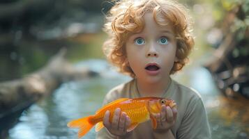 ai generado un niño asombro a atrapando su primero pez, un mezcla de orgullo y temor en su ojos foto