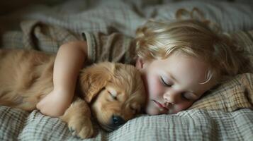 AI generated A child and a puppy sleeping side by side, embodying innocence and companionship photo