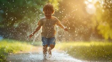 ai generado un niño saltando mediante un aspersor, el epítome de despreocupado verano dias foto