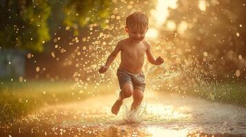 AI generated A child leaping through a sprinkler, the epitome of carefree summer days photo