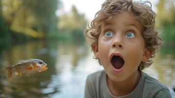 AI generated A child's amazement at catching their first fish, a mix of pride and awe in their eyes photo