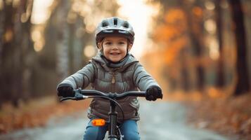 ai generado un niño orgulloso momento, montando un bicicleta sin formación ruedas para el primero hora foto