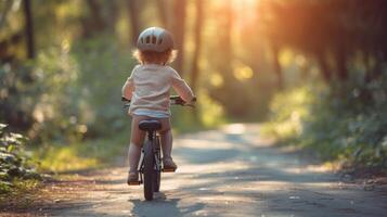 ai generado un niño orgulloso momento, montando un bicicleta sin formación ruedas para el primero hora foto