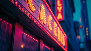 AI generated A classic movie theater marquee illuminated at night, beckoning audiences with its nostalgic charm photo