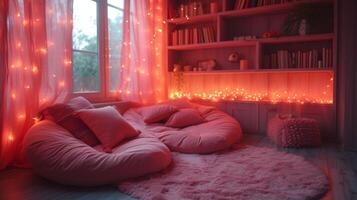 AI generated A cozy reading nook nestled in a corner, complete with pink bean bags and fairy lights for a cozy retreat photo