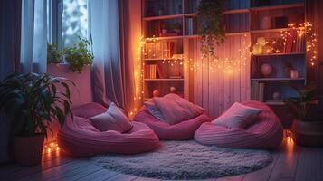 AI generated A cozy reading nook nestled in a corner, complete with pink bean bags and fairy lights for a cozy retreat photo