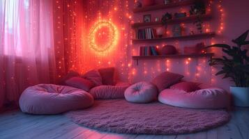 AI generated A cozy reading nook nestled in a corner, complete with pink bean bags and fairy lights for a cozy retreat photo