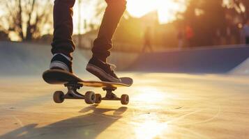 AI generated A dynamic shot of a person skateboarding in an urban environment, showcasing skill and movement photo