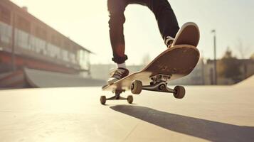 AI generated A dynamic shot of a person skateboarding in an urban environment, showcasing skill and movement photo