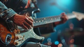 ai generado un dinámica imagen de un persona jugando guitarra, capturado rendimiento medio con pasión foto