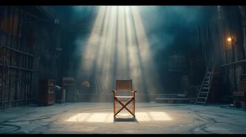 ai generado un del director silla en un vacío escenario sonoro, simbolizando el potencial para interminable cuentacuentos y imaginación foto