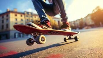 ai generado un dinámica Disparo de un persona patinar en un urbano ambiente, exhibiendo habilidad y movimiento foto