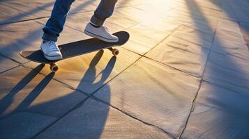 AI generated A dynamic shot of a person skateboarding in an urban environment, showcasing skill and movement photo