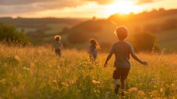 AI generated A family picnic, with children playing tag in a field, the joy of simple pleasures photo