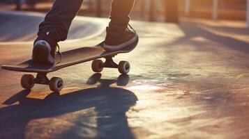 AI generated A dynamic shot of a person skateboarding in an urban environment, showcasing skill and movement photo